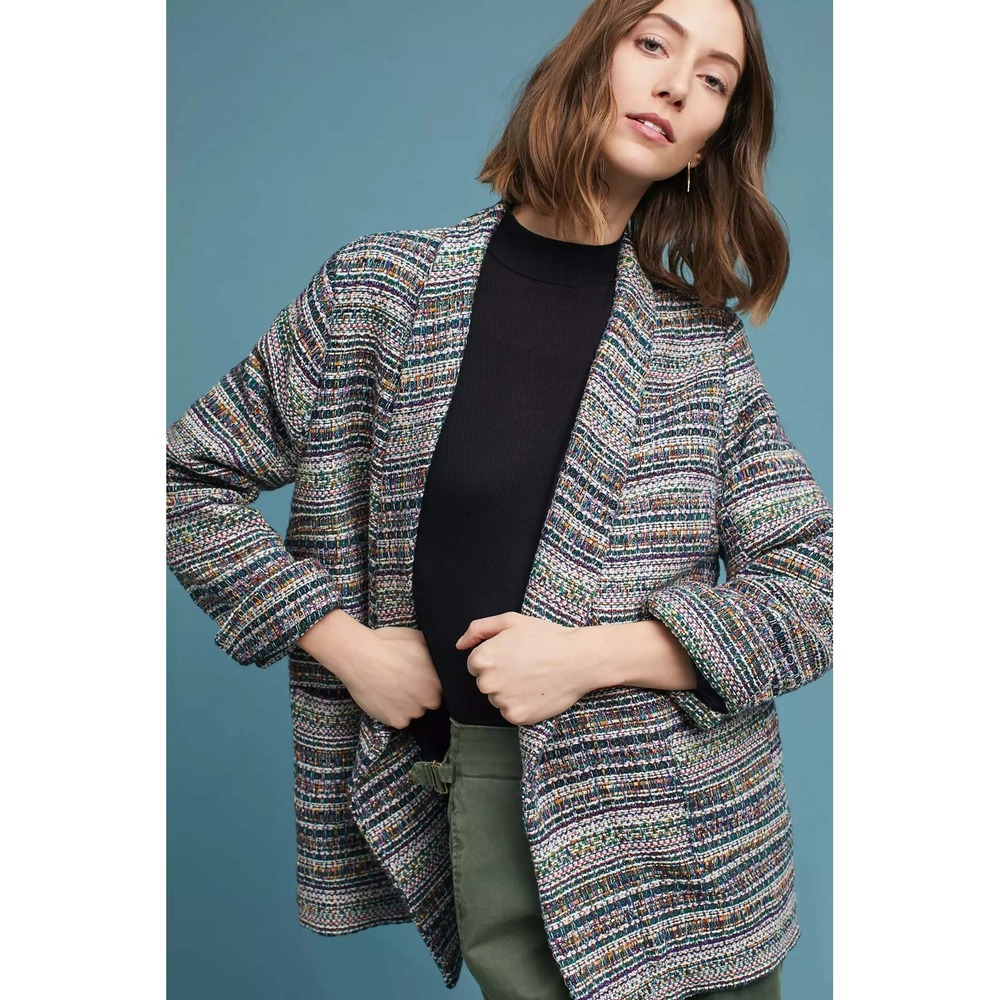 Harlyn Anthropologie Multi Color‎ Tweed Open Front Blazer Jacket M 4115275522439